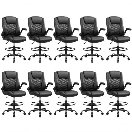 Image of Drafting Chair, Tall Office Chair for Standing Desk, High Executive Leather Ergonomic Computer Chair with Adjustable Height and Flip-Up Armrest for Counter Height Desk, Black, Pack of 10