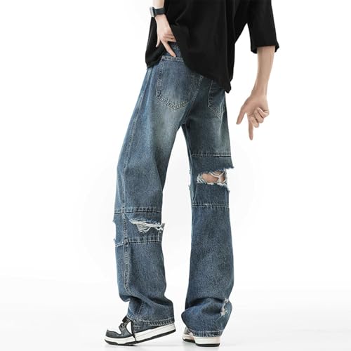 Men’s Ripped Patchwork Jeans Baggy Straight Leg Denim Pants Horizontal Distressed Panels Washed Vintage Look3
