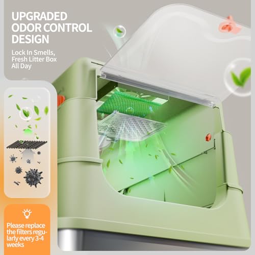 Image of Stainless Steel Cat Litter Box with Lid, Enclosed Extra Large Metal Litter Pan for Big Cats, Full Flip Cover High Sided LitterBox Include Scoop, Easy Cleaning, Non-Stick, Green