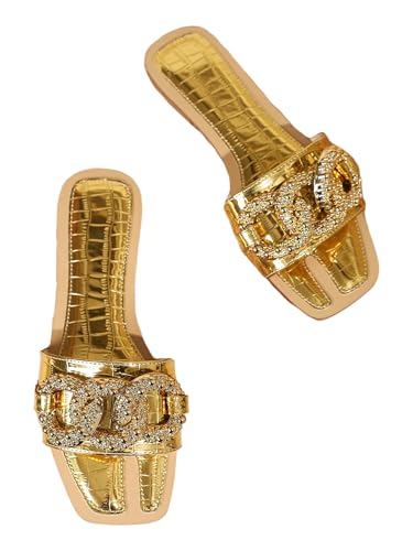 GORGLITTER Women's Rhinestone Chain Flat Sandals Dressy Square Open Toe Slip on Summer Bridal Sandals