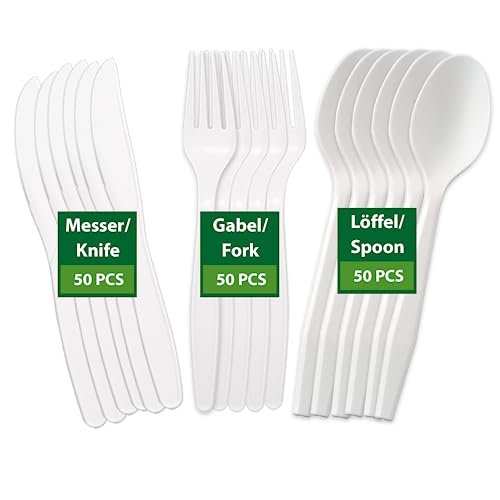 BIODORF Umweltfreundliche Mehrweg Besteck|150 Stück (je 50 Kompostierbare Gabel, Messer, Löffel)|Plastikfrei|Biologisch abbaubar Besteck
