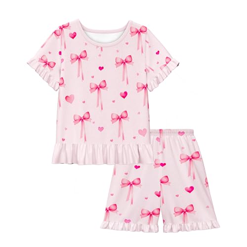 LQSZ Girls Pajamas Set Bow Tie Princess PJs Summer Princess Gifts Ruffled Short Sleeves PJ for Size 7 8