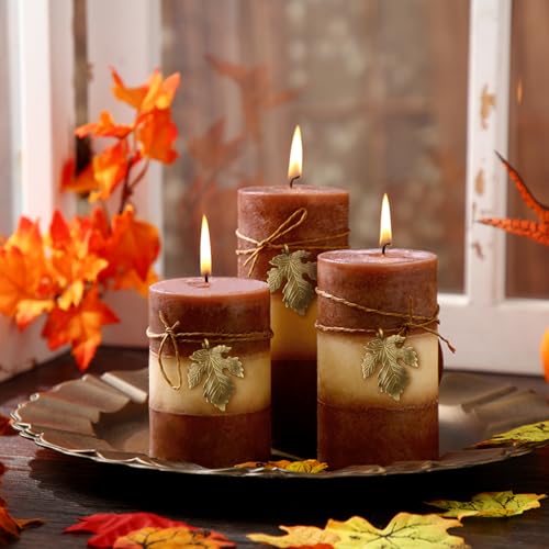 3 Pcs Fall Pillar Candles Decorative Autumn Brown Pillar Layered Candles with Ornaments Clean Burning Long Lasting for Bedroom Home Decor, 3 Sizes