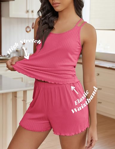 Image of Ekouaer Womens Cami Pajama Sets 2 Piece Ribbed Knit PJs Tank Top and Shorts Set Lingerie Sleepwear