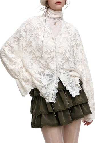 ELFSACK Women's Lace Long Sleeve Blouse - Romantic Cottagecore V-Neck