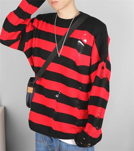 Mens Striped Pullover Sweaters Fashion Long Sleeve O-Neck Loose Hollow Out Hole Broken Knit Sweater3