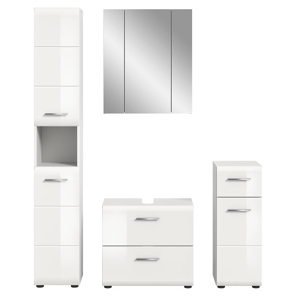Lomadox Badezimmer Badmöbel-Set 4-teilig in weiß mit weiß Hochglanz, mit 1 Hochschrank, 1 Unterschrank, 1 Spiegelschrank mit 3D-Funktion & 1 Waschbeckenschrank
