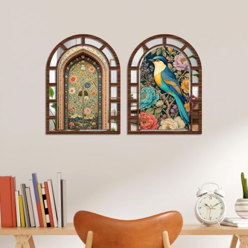 Image of Artvibes Bird & Blossom Theme Decorative Wall Accent | Jharokha Mirror Wall Hanging for Living Room, Bedroom, Hall, Foyer, Dining Room, Office & Entrance | Gift (WHJ 12055N), Set of 2