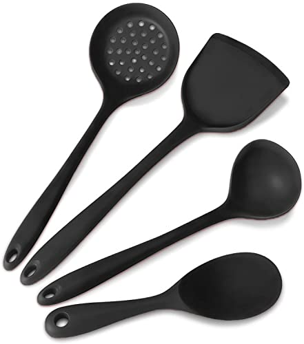 Image of Silicone 4-Piece Cooking Utensils Set - BPA-Free Cooking Spatulas - Soup Ladle, Rice Spoon, Turner Spatula, Skimmer (Black)