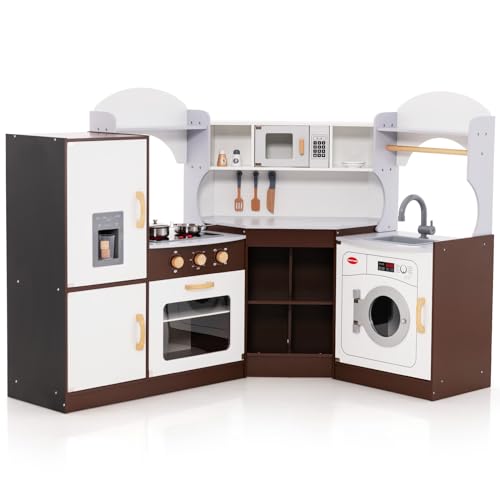 GYMAX Cucina Giocattolo ad Angolo in Legno, Cucina Angolare per Bambini con Fabbricatore di Ghiaccio, Microonde, Fornello, Forno, Cucina con Luci e Suoni per Bambini 3-10 anni (Stile 3)