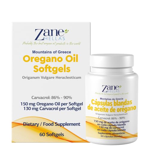 Zane Hellas Oregano Oil Softgels. La mayor concentración del mundo. Cada cápsula contiene un 30% de aceite esencial de orégano griego puro. 130 mg de Carvacrol por cápsula. 60 cápsulas.