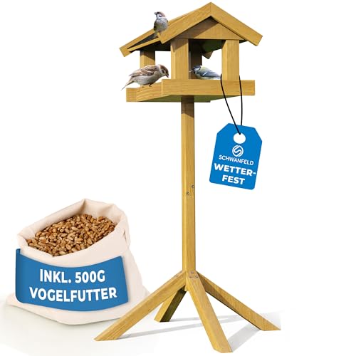 Schwanfeld® Pajarera con soporte resistente a la intemperie [para todo tipo de aves] – Incluye 500 g de comida para pájaros – Comedero para pájaros con soporte resistente a la intemperie y duradero –