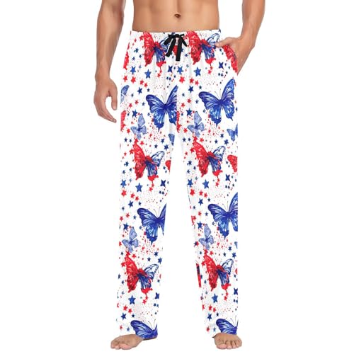 Blue and Red Butterfly Men's Pajamas Pants Cotton Sleep Bottoms Pants Lounge Sleepwear - S