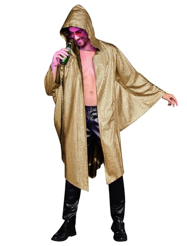 Rave Outfits For Men Cape Poncho Metallic Hooded Kimino Unisex 70s Disco Outfit Alien Burning Man Costume Halloween Mens Mardi Gras Music Festival Bachelor Party Dance Hip Hop Adults Cloak Gold L-XL