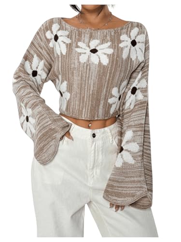 Image of Verdusa Women's Floral Print Flare Long Sleeve Pullovers Boat Neck Crop Top Sweater Khaki Large