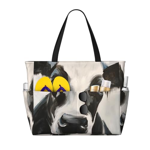 Hnnkloy Estampado de vaca en blanco y negro,Bolso de playa de gran capacidad, bolso de hombro de viaje para mujer, bolso de mano impermeable.