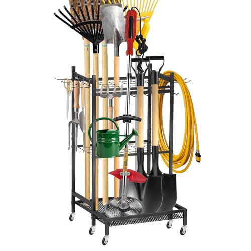 Garden Tool Organizer Rack with Wheels Up to 30-35 Tools, Heavy-Duty Steel Yard Tool Organizer for Garage Storage with 11 Hooks, Broom Holder & Garden Tool Rack for Shed, Patio, Lawn, Outdoor, Black