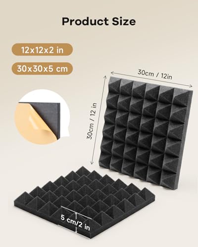 Image of SD SODOCT 36 Pack 12 x 12 x 2 Inches Pyramid Acoustic Foam Panels, High Density Acoustic Foam, Self-Adhesive Sound Proof Foam Panels for Walls, Fire Resistant, Studio Wall & Ceiling Panels, Black