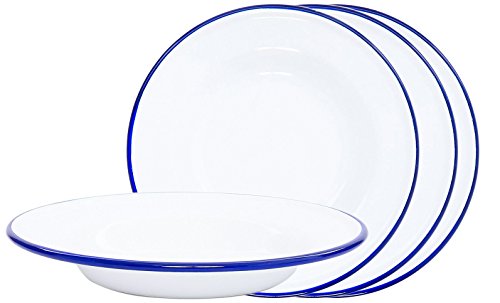 Crow Canyon Enamelware Round Dinner Salad Serving Plates, Classic Tableware - Set of 4 - Solid White with Blue Rim Color, 8 Inches