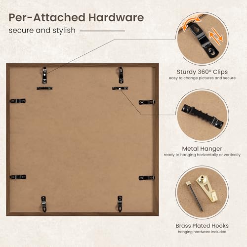 Image of FLYJOE 16x16 Oak Wood Square Picture Frame with Mat for 12x12, 16 by 16 USA-Sourced Natural Solid Wooden Photo Frame for Wall Display, Tempered Glass, Hanging Hardware Included, 1 Pack, Walnut Color