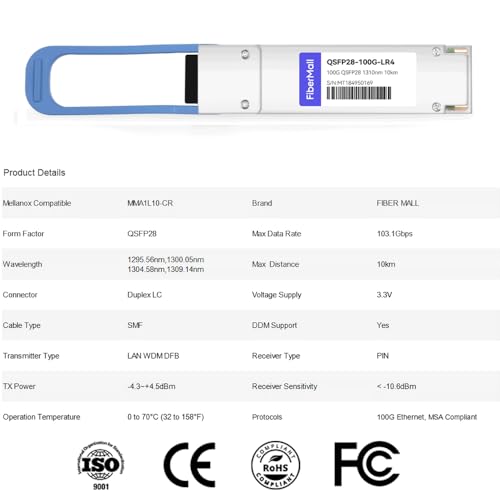 Image of 100G QSFP28 LR4 for Mellanox MMA1L10-CR, 100GBASE-LR4 QSFP28 Optical Transceiver Module,1310nm 10km LAN WDM LC SMF DOM
