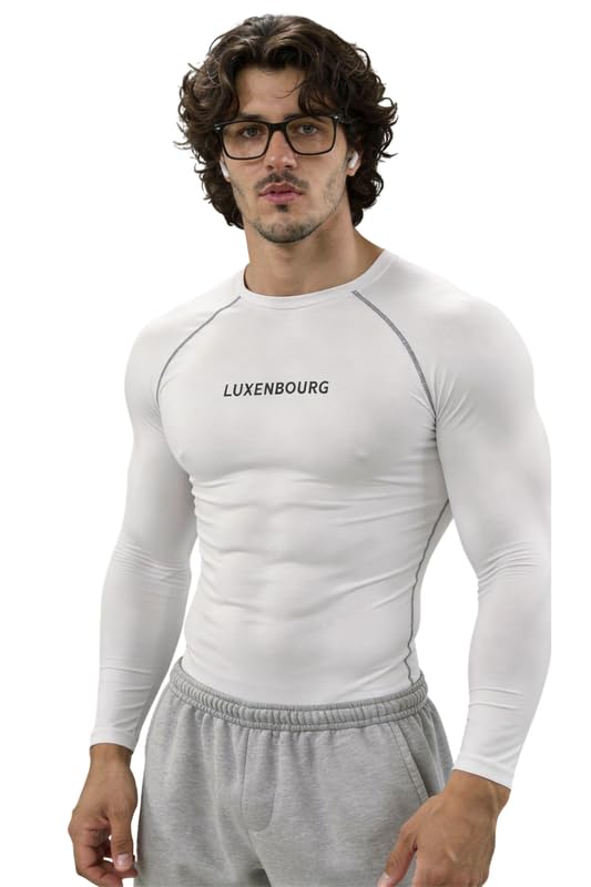 luxenbourg Mens Gym Compression T-Shirt | Polyester Full Sleeve Sports Wear and Rash Guard for Training Workout and Athletic Activewear | White Printed Sleeve-picture-11