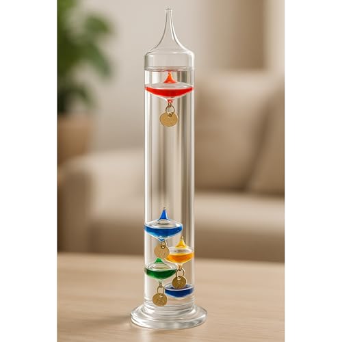 ROCKING GIFTS Termometro Galileo Tubo de Cristal 22 cm, para Exterior o Interior, Analógico, Bolas Flotantes Colores