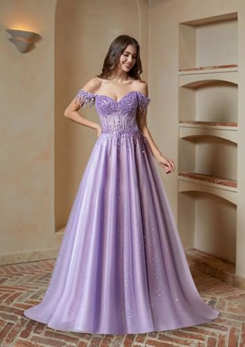 Off Shoulder Tulle Prom Dresses Long Ball Gown for Women Sequin Beaded Formal Evening Gown3