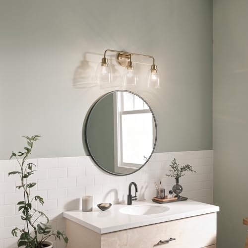 Image of Kichler Meller 3-Light Industrial Vanity Light, Champagne Bronze | Modern vanity light with clear glass for bathroom mirrors (24.25 inch x 11.25 inch x 7 inch), 55102CPZ
