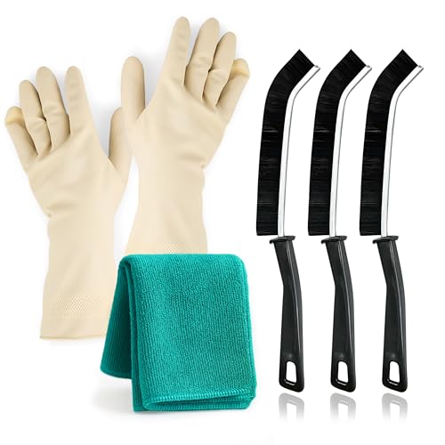 Cepillo Limpieza Hogar - Cepillo Limpieza Ducha - Kit de Limpieza Cocina y Baño - Limpia Azulejos y Juntas - Incluye Bayeta de Microfibra y Guantes de Latex Natural