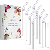 Cute Glass Straws with Charms, Gifts for Women - 8 Pack Reusable Glass Straws Bent 9 Inch with Amethyst Butterfly for 16 oz & 20 oz Tumbler, Premium Set with Brush & Case for Coffee, Cocktails & Party