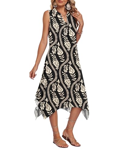 Image of AUSELILY Womens Summer Midi Dress V Neck Sleeveless Casual with Pockets | Flowy womens summer dress with asymmetrical hem, great for beach, vacation and daily wear
