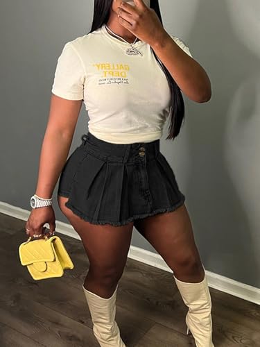 Molisry Women's Denim Shorts Skorts High Waist Double Side Asymmetrical Hem Jean Skort Skirt2