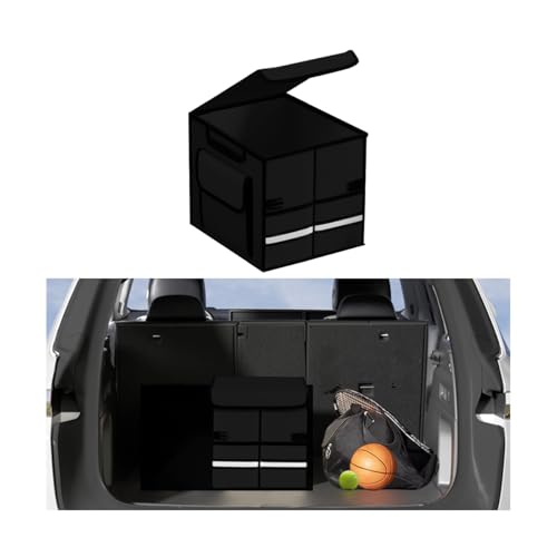 KHGUZ Car Trunk Organizer, Multi-Compartment Collapsible Vehicle Cargo Storage Organizer with Lid, Non Slip Waterproof Storage Box with Reinforced Handles, Universal Automotive Accessories (Black)