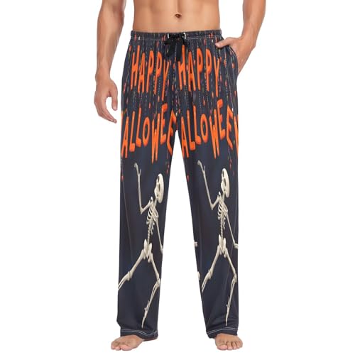 Qilmy Halloween Dancing Skeleton Men's Cotton Pajama Pants, Lightweight Lounge Sleepwear with Drawstring and Pocket