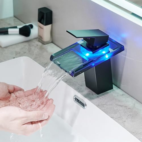 SOLEO Robinet mitigeur design bec cascade à LED lumineuses chrome noir