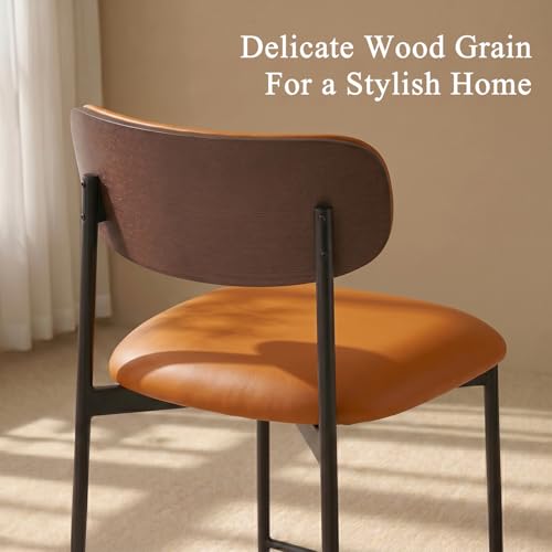 Image of GrandNoor Modern Bar Stools Set of 3, 24 Inch Upholstered Brown Faux Leather Counter Height Stools with Curved Backrest & Metal Legs, Wood Grain Back Bar Chairs for Kitchen Island