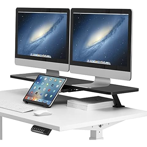 AVLT Clamp Desk Shelf Dual 32" Monitor Clamp-On Monitor Riser with Slide-Out Holder for Convertible Laptop Tablet Smartphone (Black) - Floating Monitor Stand (Clamp-On Shelf Only) Cover