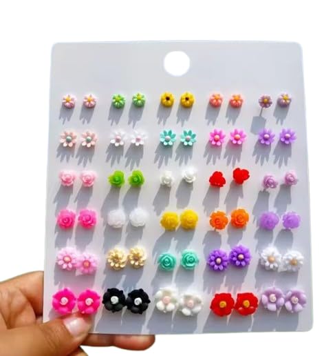 Image of 30 Pairs Fashion Plastic Flower Stud Earring Mixed Style Colors Floral Ear Studs for Woman & Girls Cute Korean Earrings Tops Daily Office Wear Ear-Rings