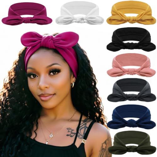 Image of DRESHOW 8 Pack Headbands for Women Bow Knotted Hair Band Facial Cloth Rabbit Ears Running Sport Elastic Hair Wrap