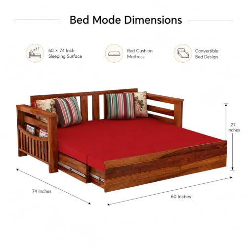 Image of Douceur Furnitures Solid Sheesham Wooden 3 Seater Sofa Cum Bed with Mattress,Cushions & Side Pockets,Wood Foldable Convertible Sofa 3 Seater Diwan Cum Bed for Living Room & Office|Honey Finish