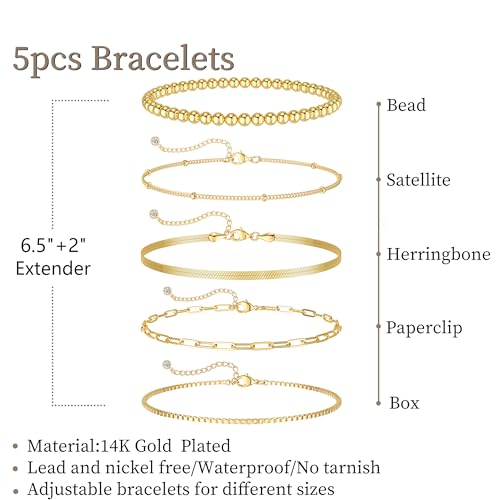 Image of DEARMAY Gold Bracelets for Women Waterproof Stackable Dainty 14K Gold Plated Rope Cuban Snake Paperclip Figaro Link Chain Pack Bracelet Adjustable Non Tarnish Fashion Accessories Jewelry Sets Gifts for Womens Mom