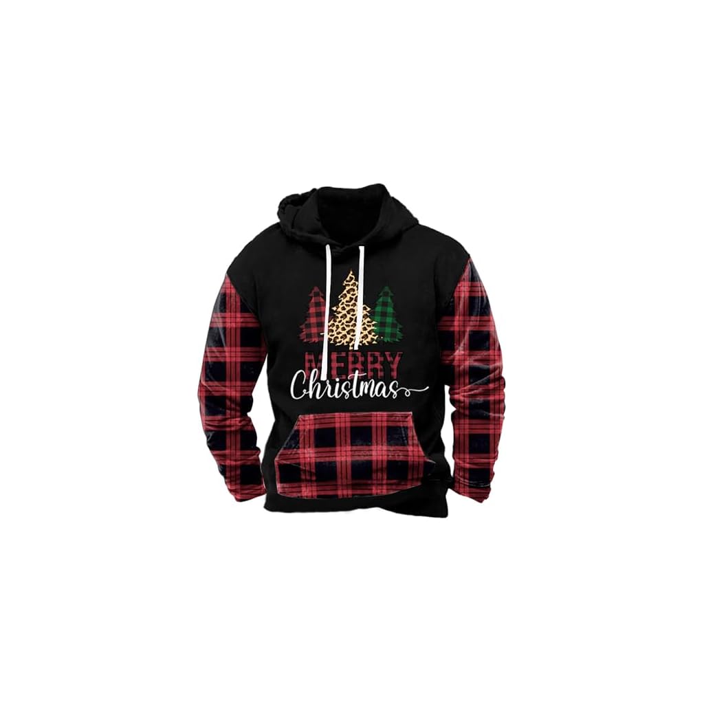 Arvilhill Men Ugly Christmas Hoodies Vintage Xmas Plaid Sweatshirt with Kangaroo Pocket (S-3XL)
