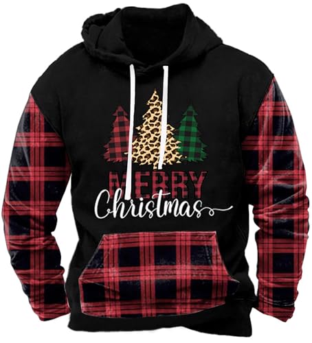 Arvilhill Men Ugly Christmas Hoodies Vintage Xmas Plaid Sweatshirt with Kangaroo Pocket (S-3XL)