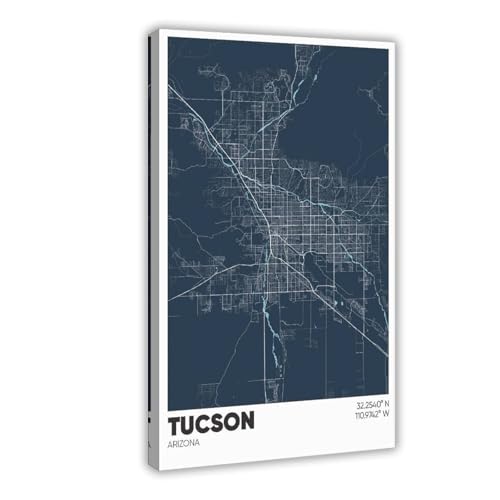 ANFOTCM Tucson Map, Arizona, AZ Canvas Poster Wall Art Bedroom Decor Office Room Kitchen Decor Gift 24x36inch(60x90cm)