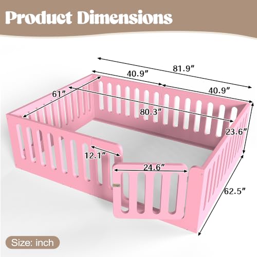 Image of Bellemave Queen Montessori Floor Bed Frame,Pink | Solid wood kids montessori floor bed with high safety fence & door, low to ground design for girls and boys