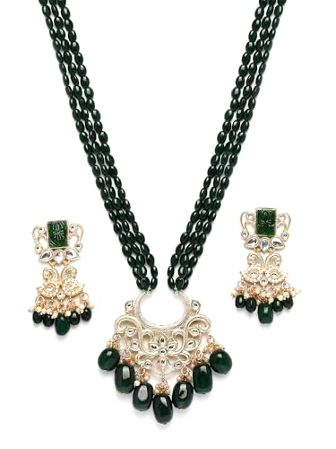 Image of Karatcart Gold Plated Green Crystal and Pearl Studded Kundan Rani-Haar Necklace Set for Women