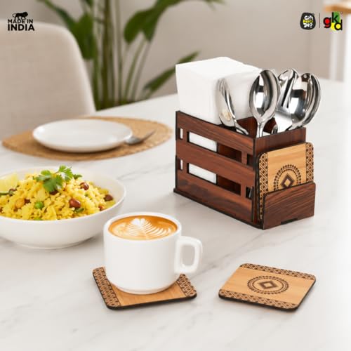 Image of Gift Kya De Wooden Cutlery Holder with 3 Compartments & 4 Designer Coasters | Multipurpose Utensil, Tissue & Spoon Stand | Table Organiser for Home, Kitchen, Office