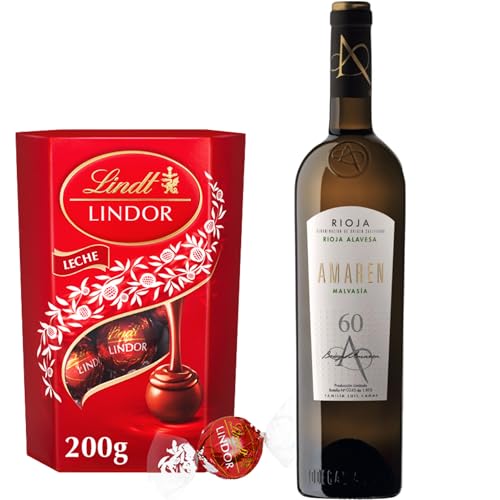 San Valentin Regalos Hombre y Mujer Amaren - 60 Malvasía | Estuche con bombones Lindor 200g | Vino blanco exclusivo y expresivo | Regalo con carácter | Ideal para conocedores