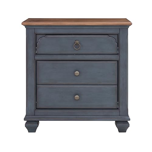 espidoo 3-Drawer Coastal Nightstand Blue: Rubberwood & Birch Veneers - No Assembly Required Bedside Storage - Traditional Style with Antique Pewter Hardware for Bedroom - Image 3